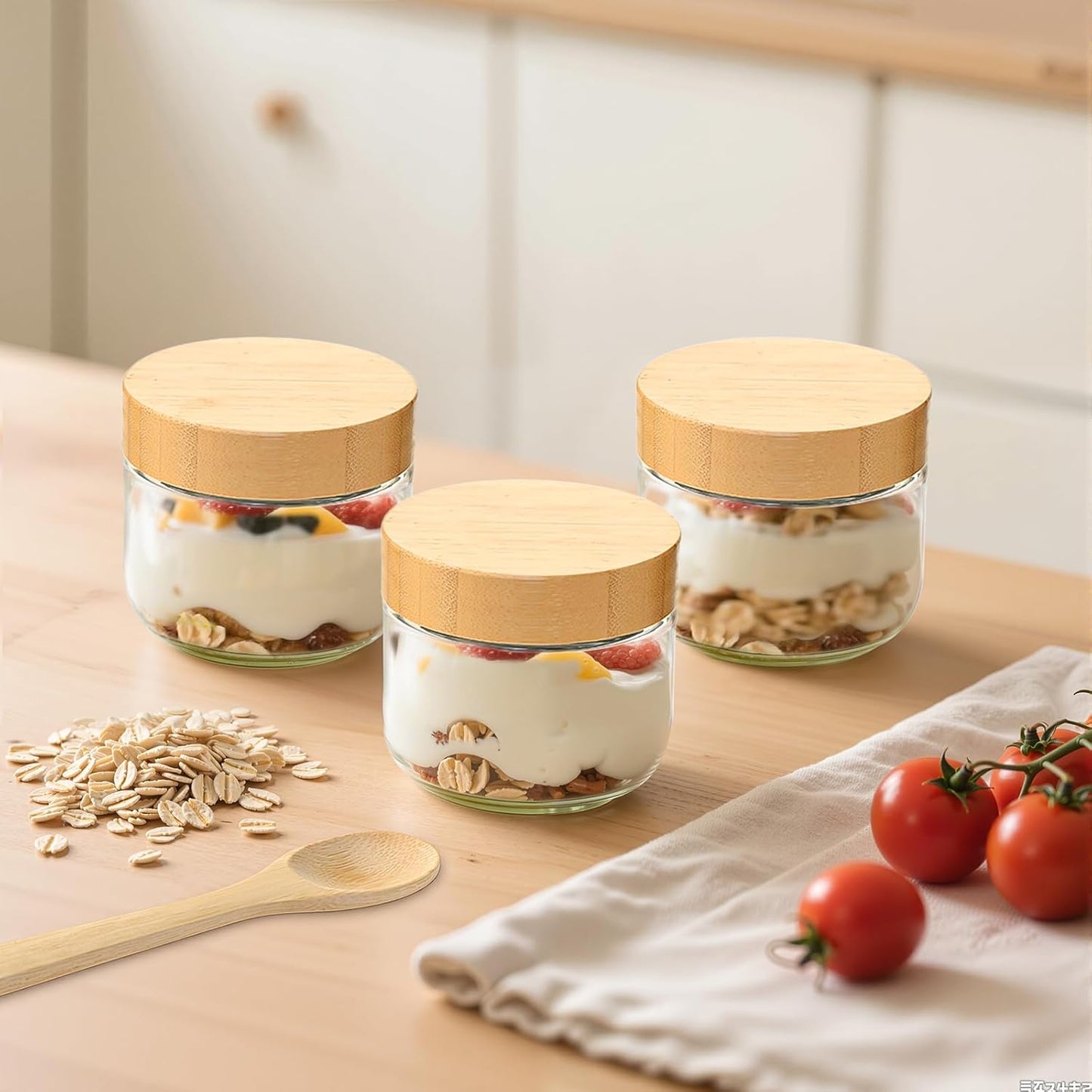 12 Pack 10oz TBWIND Glass Jars with Bamboo Lids, Spoons, Airtight Overnight Oats Containers, Salad & Yogurt Storage