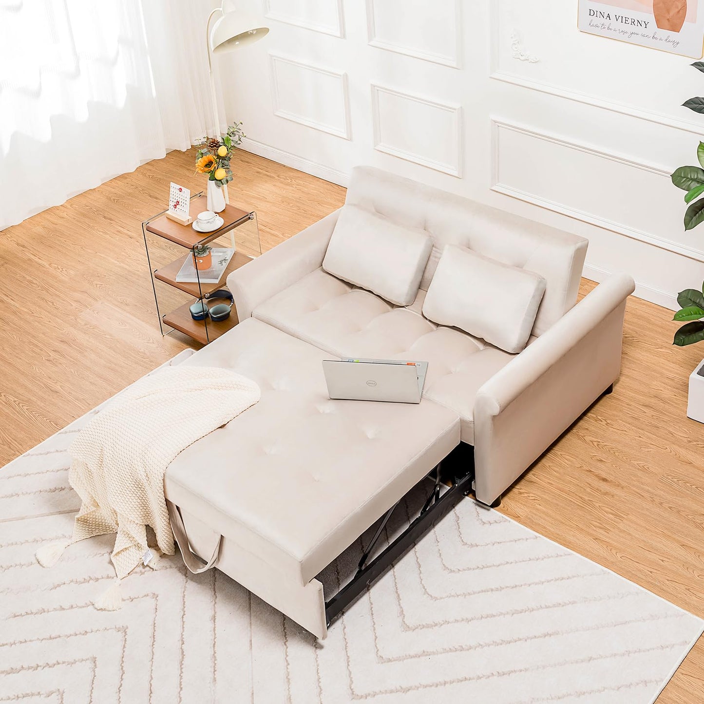 COMHOMA Convertible Sofa Bed,55" Sleeper Sofa Bed, 3-in-1 Pull Out Couch Bed with Reclining Backrest and Pillows, Full Convertible Sleeper Loveseat for Living Room (White)