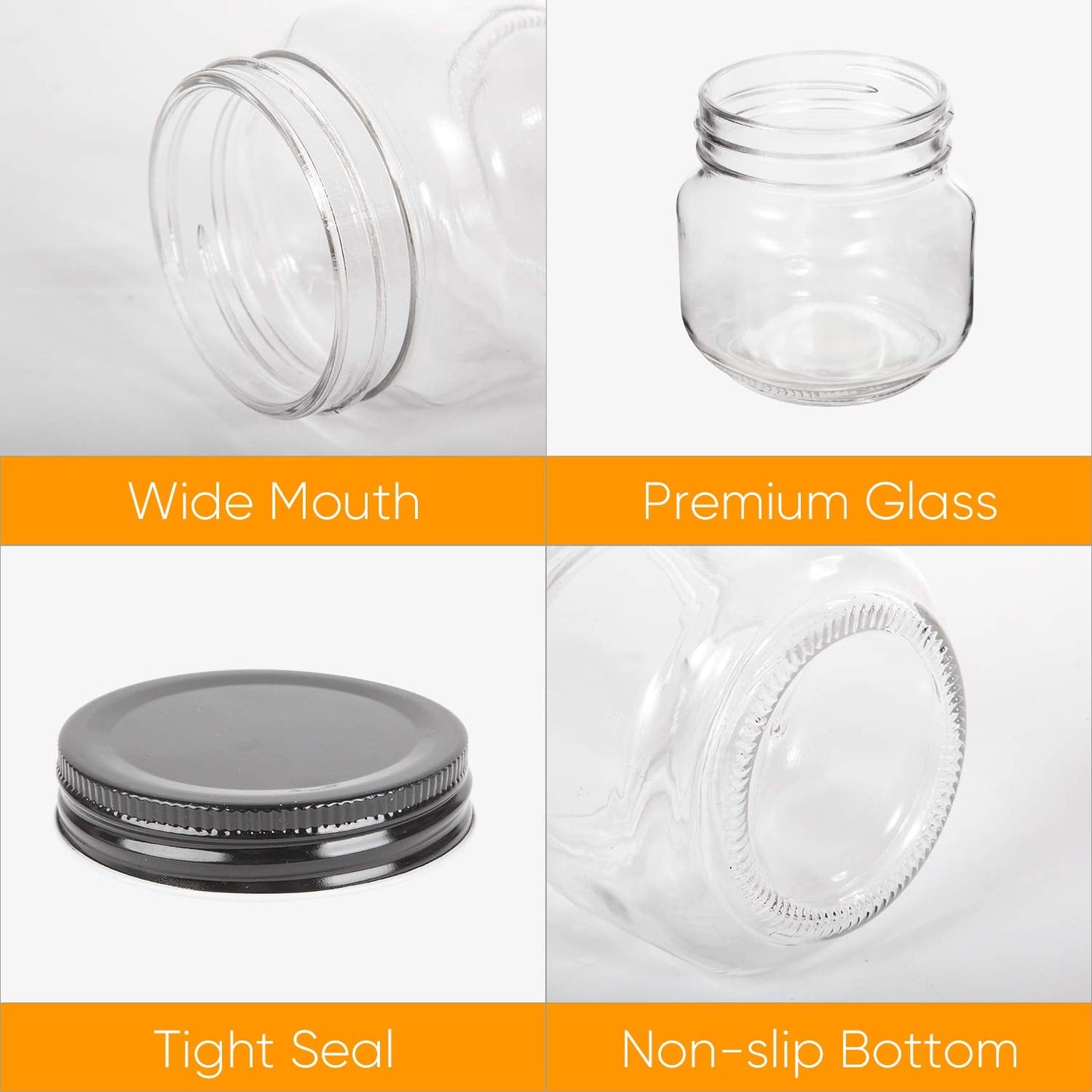 QAPPDA Mason Jars, Glass Jars With Lids 8 oz,Canning Jars For Pickles And Kitchen Storage,Wide Mouth Spice Jars With Black Lids For Honey,Caviar,Herb,Jelly,Jams,Set of 30