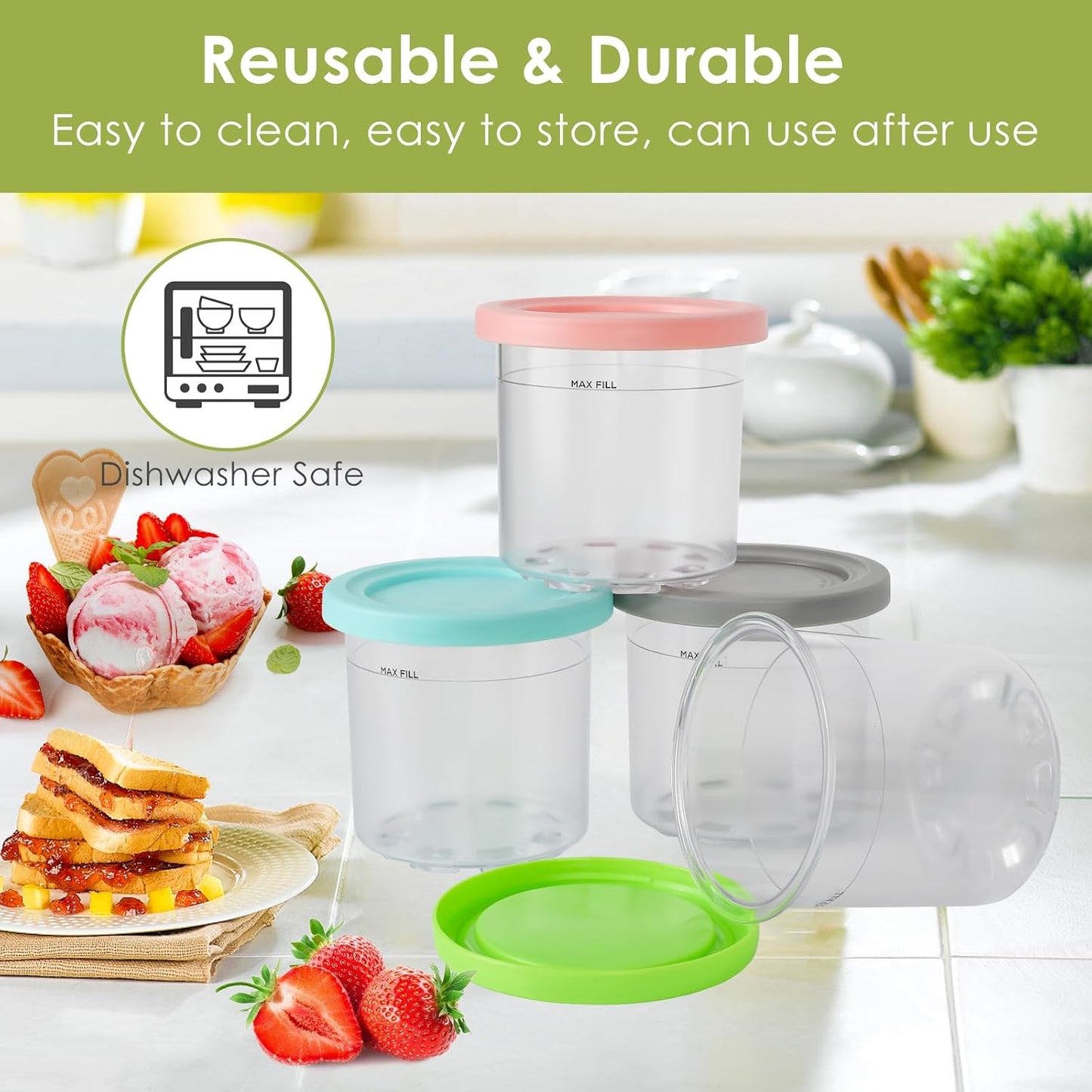 4 Pack NC299AMZ NC300s Ice Cream Pint Containers, Replacement for Ninja Creami Pints and Lids, Compatible with & Series