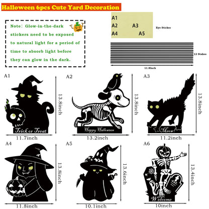 Liferyx Halloween Decoration Outdoor, 6 Packs Cute Yard Sign Black Cat, Skeleton, Witches, Dog & Ghost Silhouette, Waterproof Lawn Decoration Yard Decor Stakes with Glow in Dark Eyes