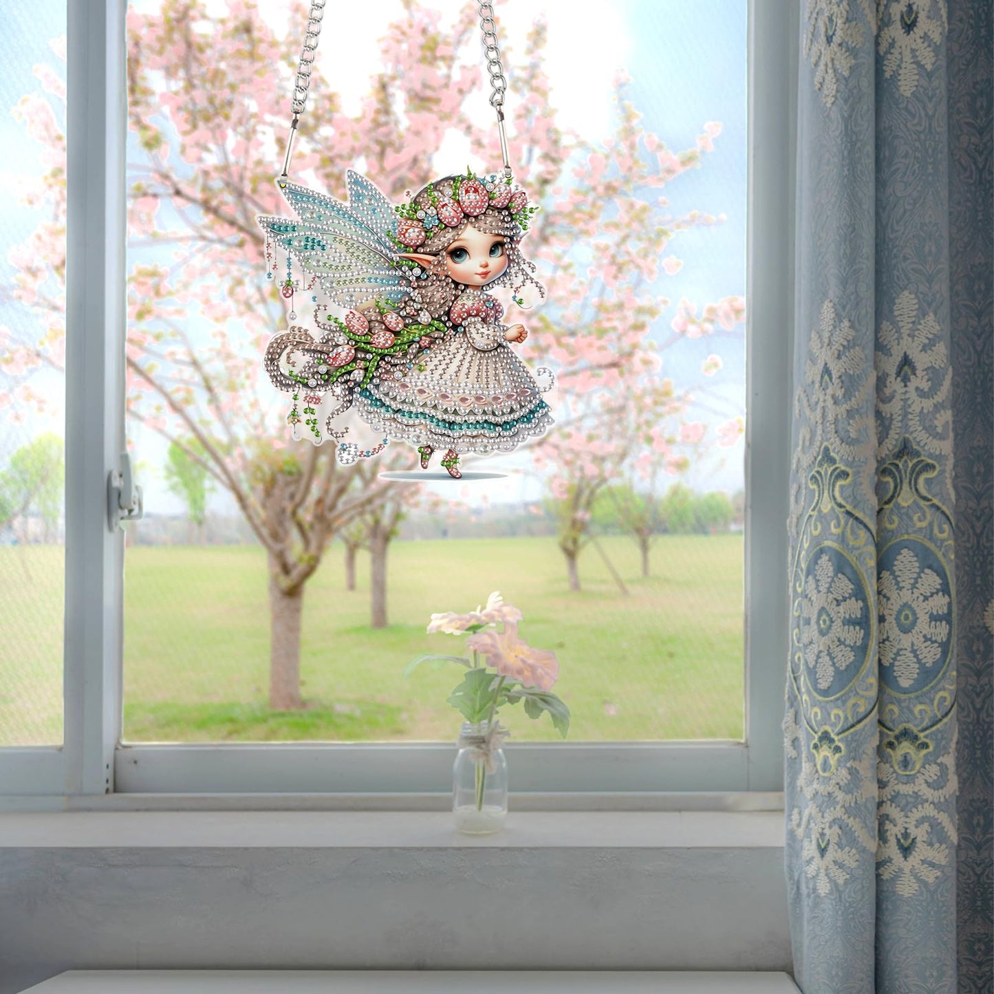 JZHYOAN Butterfly Fairy Diamond Painting Pendant Window Hanging Ornament Kit Diamond Art Tool Kit Crystal Art Elf Mosaic Making Kits Home Decor Pendant Cross Stitch Ornament Gem Arts Wind Chimes