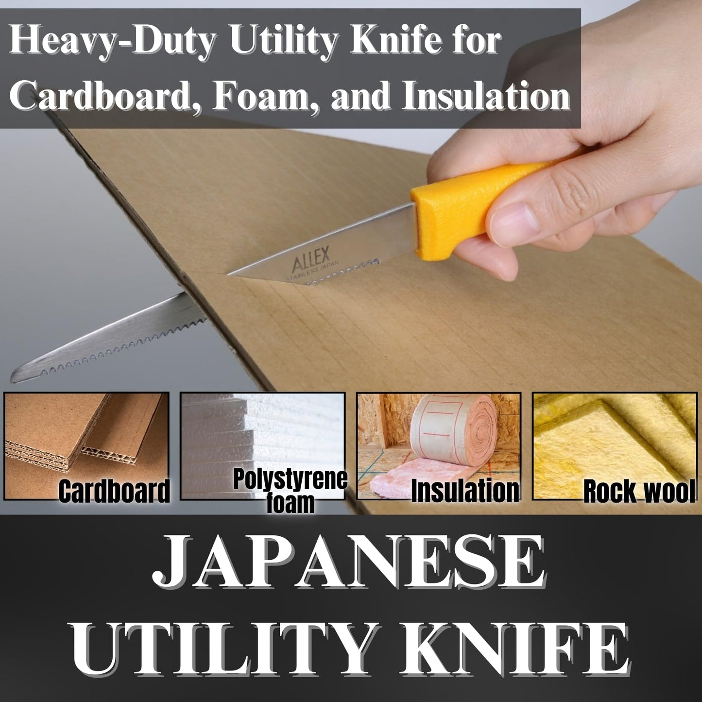 ALLEX Cardboard Cutter Tool Heavy Duty 5" – Japanese Stainless Steel Blade – Serrated Utility Knife for Cardboard, Styrofoam, Foam, Insulation – Made in Japan – Yellow (2 PCS)