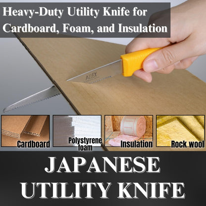 ALLEX Cardboard Cutter Tool Heavy Duty 5" – Japanese Stainless Steel Blade – Serrated Utility Knife for Cardboard, Styrofoam, Foam, Insulation – Made in Japan – Yellow (2 PCS)