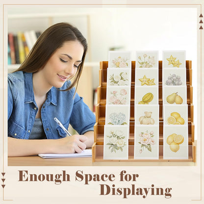 Yuntau 5 Tier Greeting Card Display Stand Wood Color Bamboo and Acrylic Sticker Display Stand Trading Card Holder Retail Photos Shelf for Vendors Craft Collection & Show