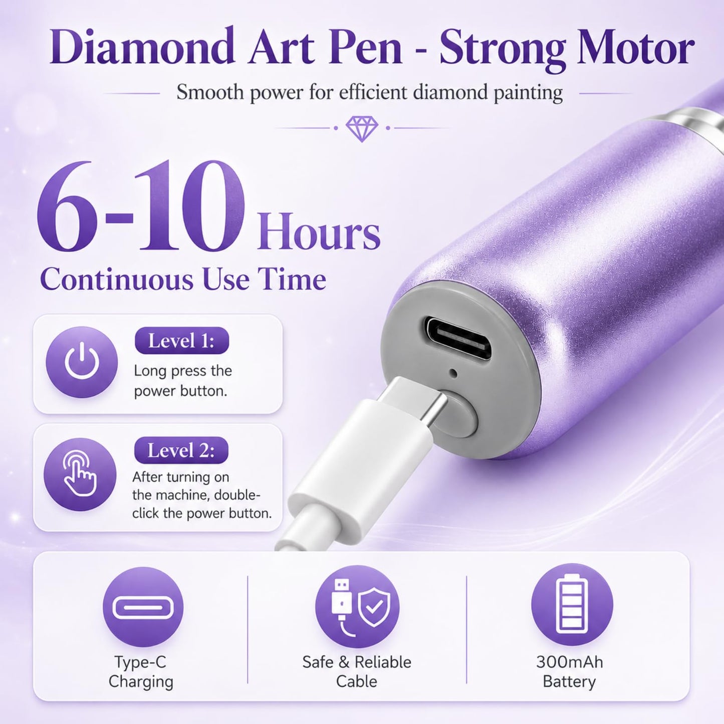 Electric Diamond Art Pen, Wireless Vacuum Diamond Painting Pen with 150° Ergonomic Angled Tip, 2-Level Suction No Wax, Diamond Art Kits for Adults, Quiet & Lightweight Diamond Art Tools (Purple)