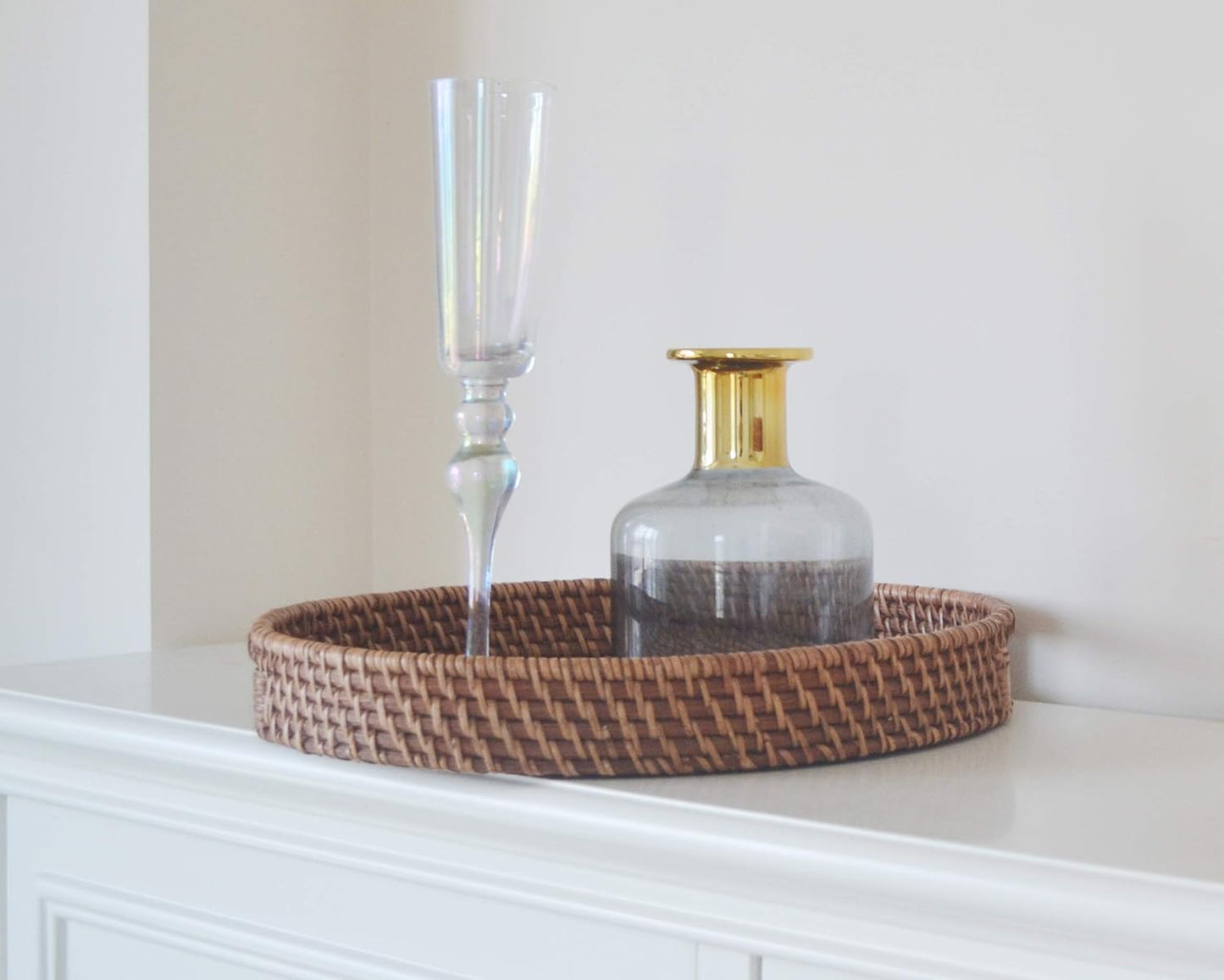13.8"x2") Round Rattan Woven Serving Tray with Handles Ottoman Tray for Breakfast, Drinks, Snacks for Coffee Table