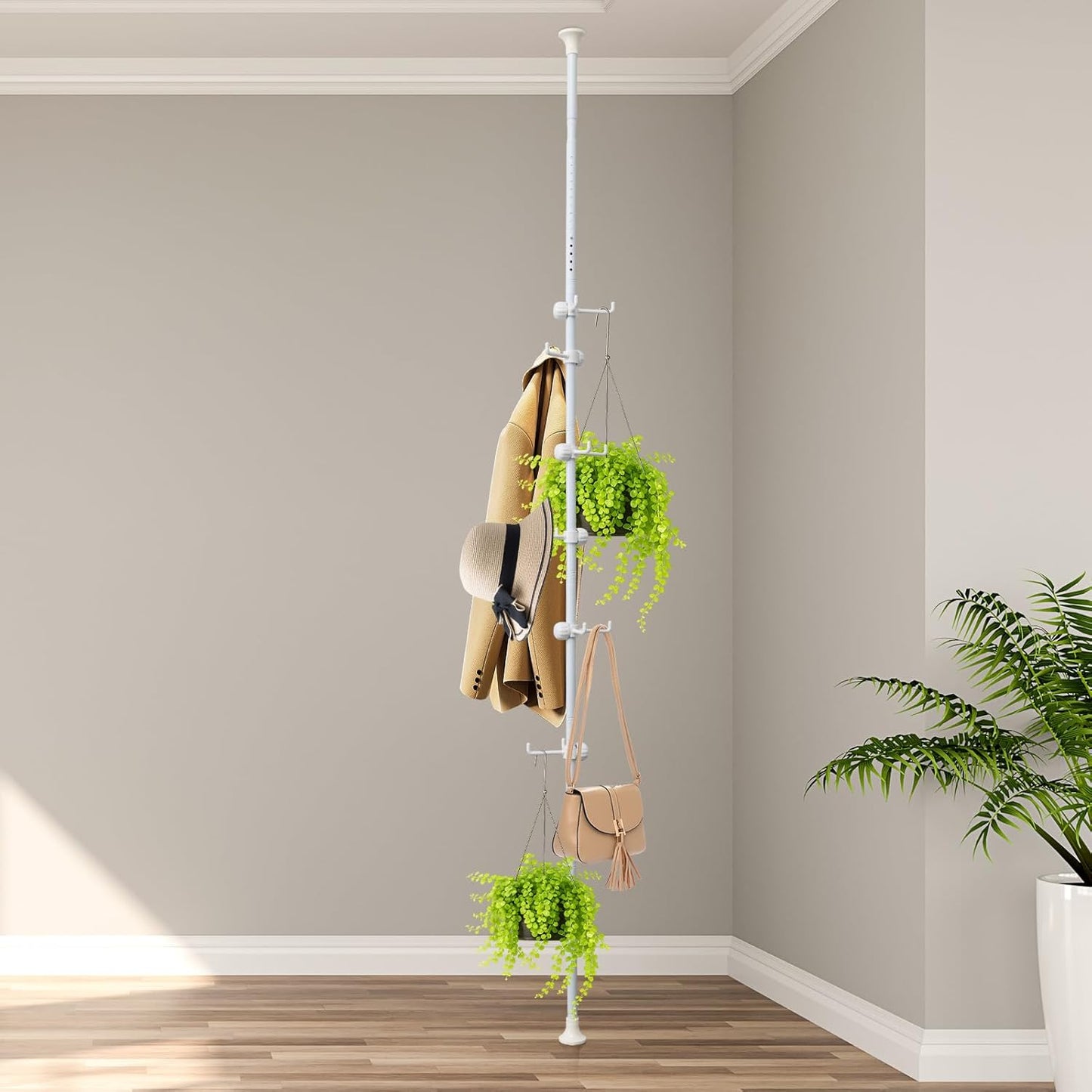 12 Corner Coat Rack - Hook Tension Rod Plant Stand Stainless Steel Organizer for Coats, Towels, Plants & More, No