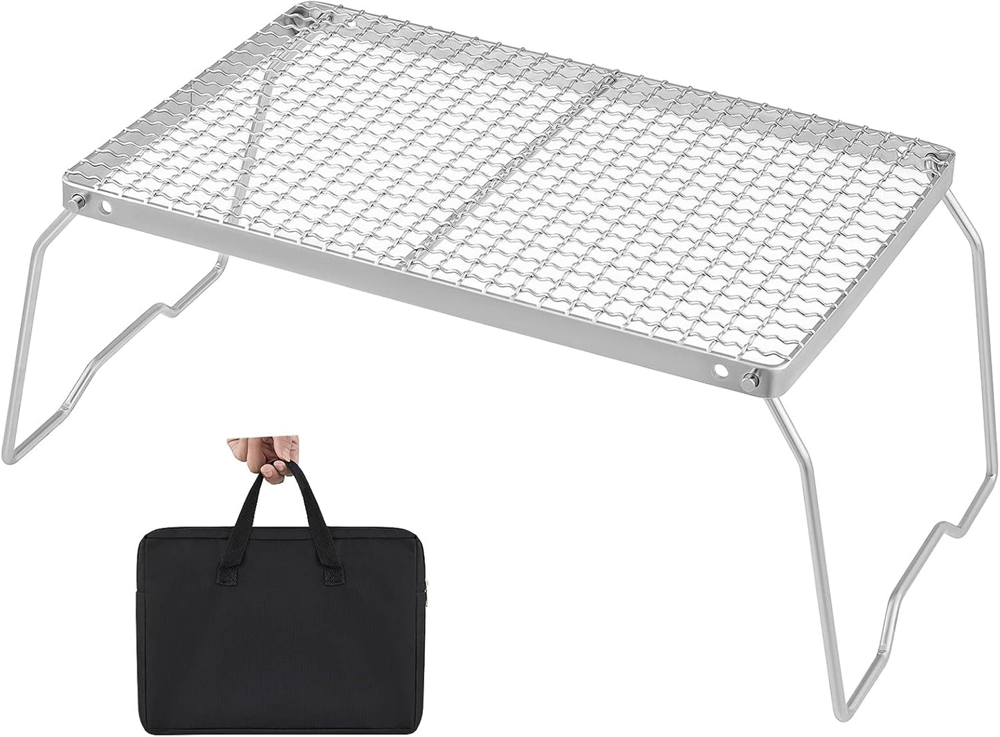 YETO Two Height Camping Grill Grate with Legs, 304 Stainless Steel Folding Campfire Grill for Outdoor Cooking