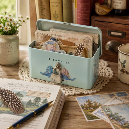 LOGOFUN Retro Style Rectangle Tinplate Storage Box with Padlock Two Birds Pattern Small Metal Keepsake Container Tin Case for Kids Girls Boys Gifts
