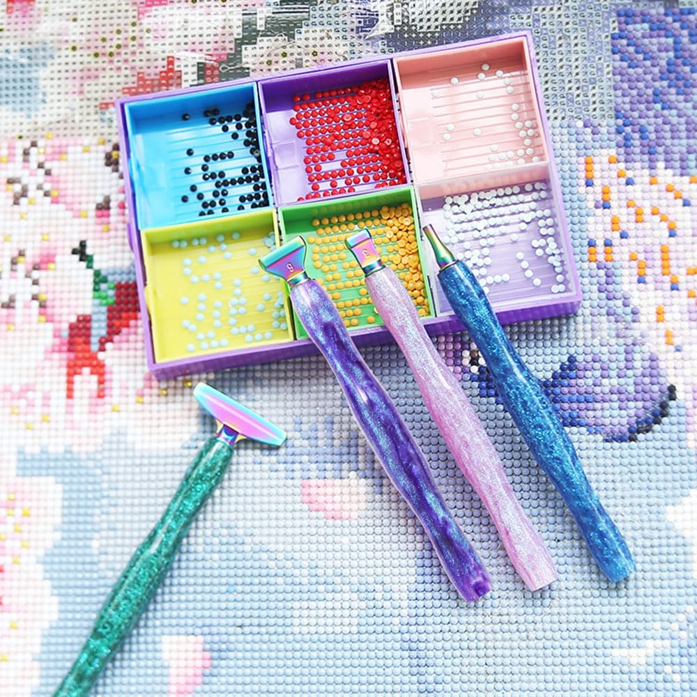 LEIYULY 25PCS Diamond Painting Pen, Diamond Painting Art Drill Bead Dot Pen Kit with 12 Threaded Metal Diamond Art Tips, 2 Storage Boxes,A 3X Magnifying Glass