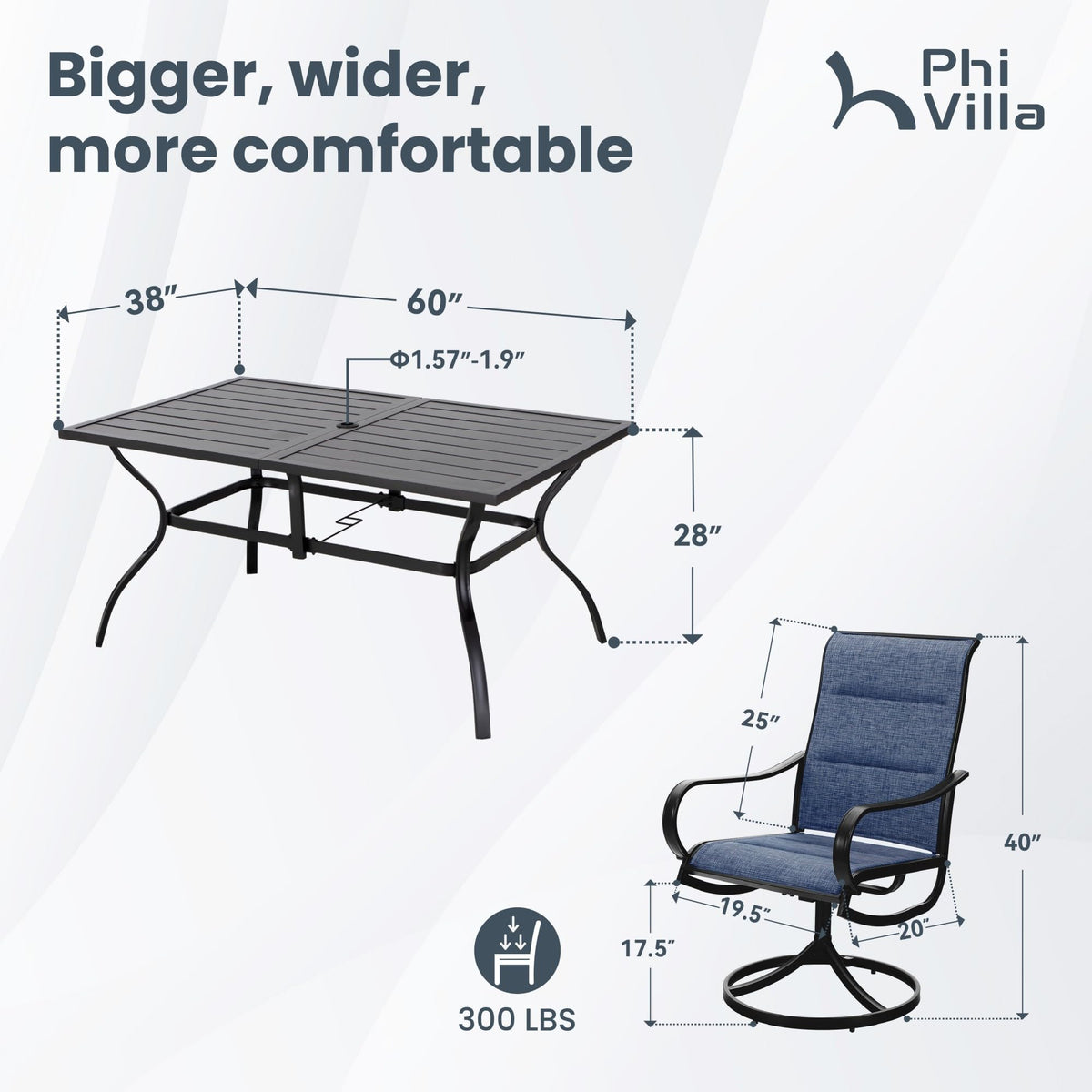 PHI VILLA Patio Dining Set for 6, Swivel Dining Chairs with Padded Textilene and Large Metal Table (1.57'' Umbrella Hole), All Weather Table and Chairs for Outdoor Lawn (Blue)