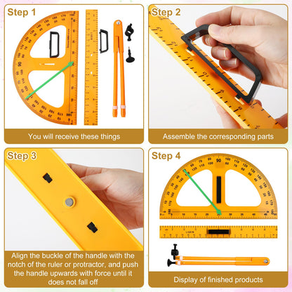 MotiMind 1 Set Large Mathematics Teaching Kit Including 1 Pcs Jumbo Teaching Ruler 1 Pcs Large Protractor 1 Pcs Geometry Compass Big Geometry Measurement Tool for Teacher Classroom Black Board