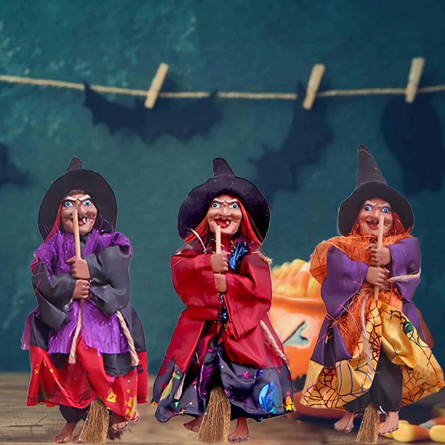 BravOne 3 PCS Halloween Hanging Witches Decorations, 8" Halloween Witches Ornaments Flying Witches Figures on Broom Halloween Outdoor Indoor Decorations Haunted House Hanging Props Party Decor (#A)