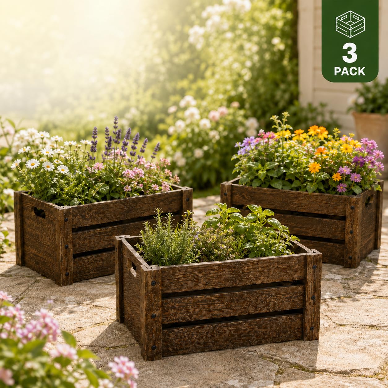 Wooden Crates for Display, 3 Pack Large Rustic Handmade Wood Crate for Storage, Wooden Basket with Handles, Nesting Crates Boxes for Container and Decor Living Room Outdoor Christmas (Extra Large)