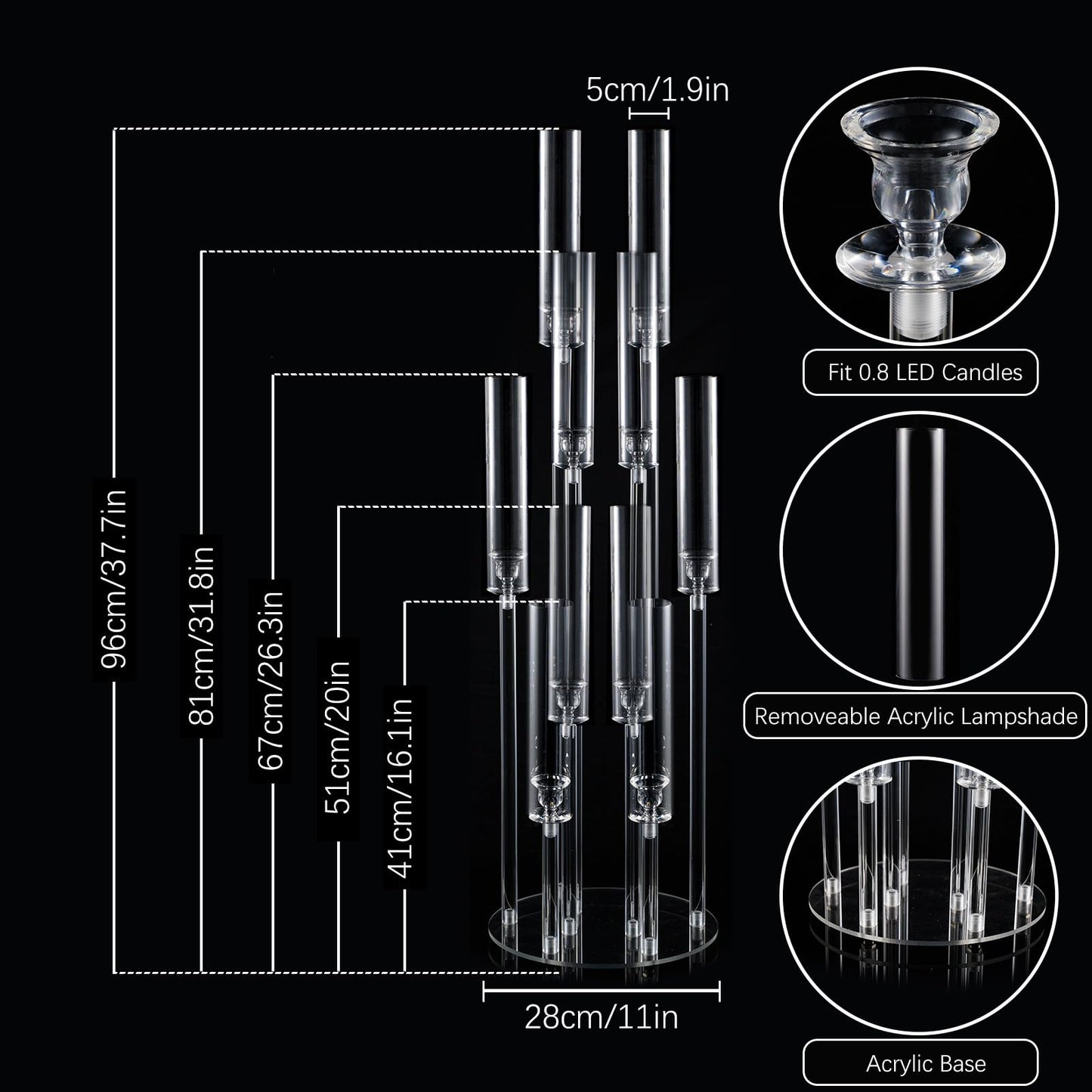 8PCS 10 Arm Acrylic Candelabra Candle Holder for Wedding Table Decor,Clear Candlestick Holders Floor Candle Holder for Party Event Decorations Centro de mesa para boda(Fit 0.8Led Candles)