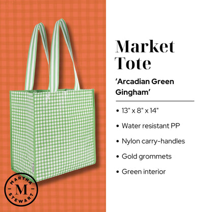 Martha Stewart Reusable Grocery Bag, Spacious 13 x 8 x 14 Shopping Bag for Groceries, Perfect for Shopping, Arcadian Green Gingham