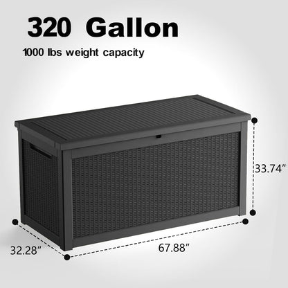 KFY 320 Gallon Waterproof Outdoor Storage Box, UV Resistant Resin Deck Box with Hydraulic Rod for Reinforced Stability, Perfect for Patio, Garden, and Pool（Black，320 Gallon）