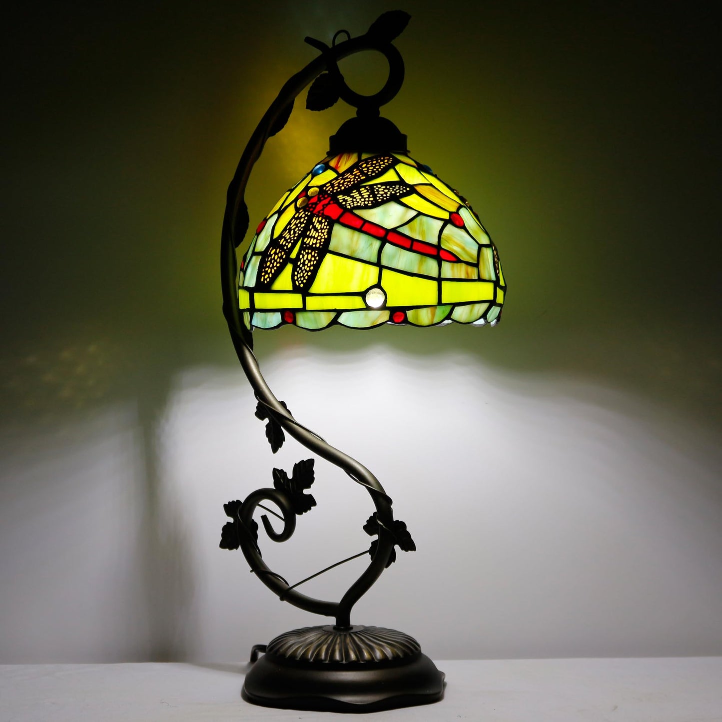 ZJART Tiffany Lamp Stained Glass Table Lamp Metal Leaf Desk Reading Light 8X10X21 Inch Decor Small Space Bedroom Home Office (Green Red Dragonfly)