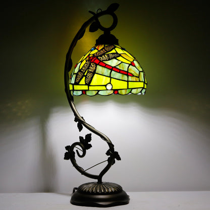 ZJART Tiffany Lamp Stained Glass Table Lamp Metal Leaf Desk Reading Light 8X10X21 Inch Decor Small Space Bedroom Home Office (Green Red Dragonfly)