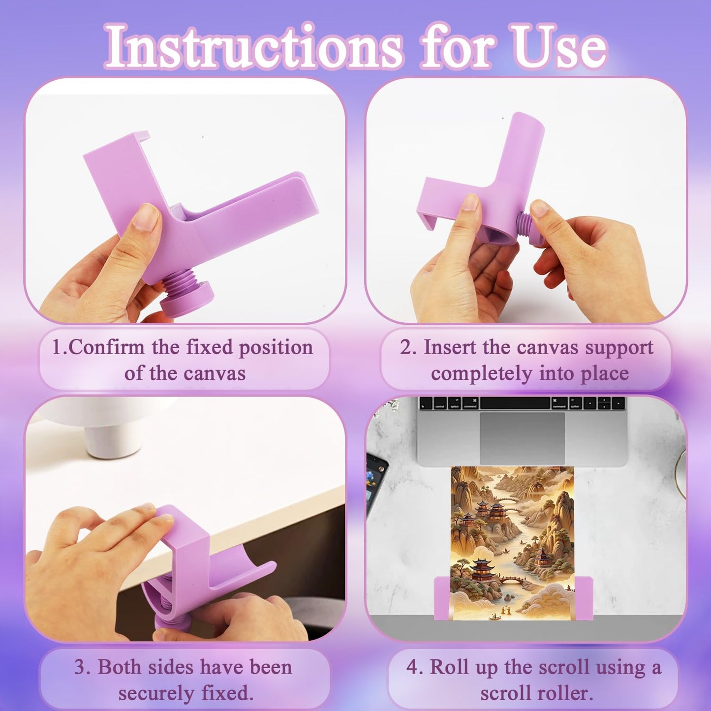 Diamond Painting Canvas Roll Holder, Adjustable Diamond Art Canvas Holder Table Clamp, Smooth Diamond Painting Roller Tool with Anti-Slip Rubber Pads for Workspace Organization, Purple
