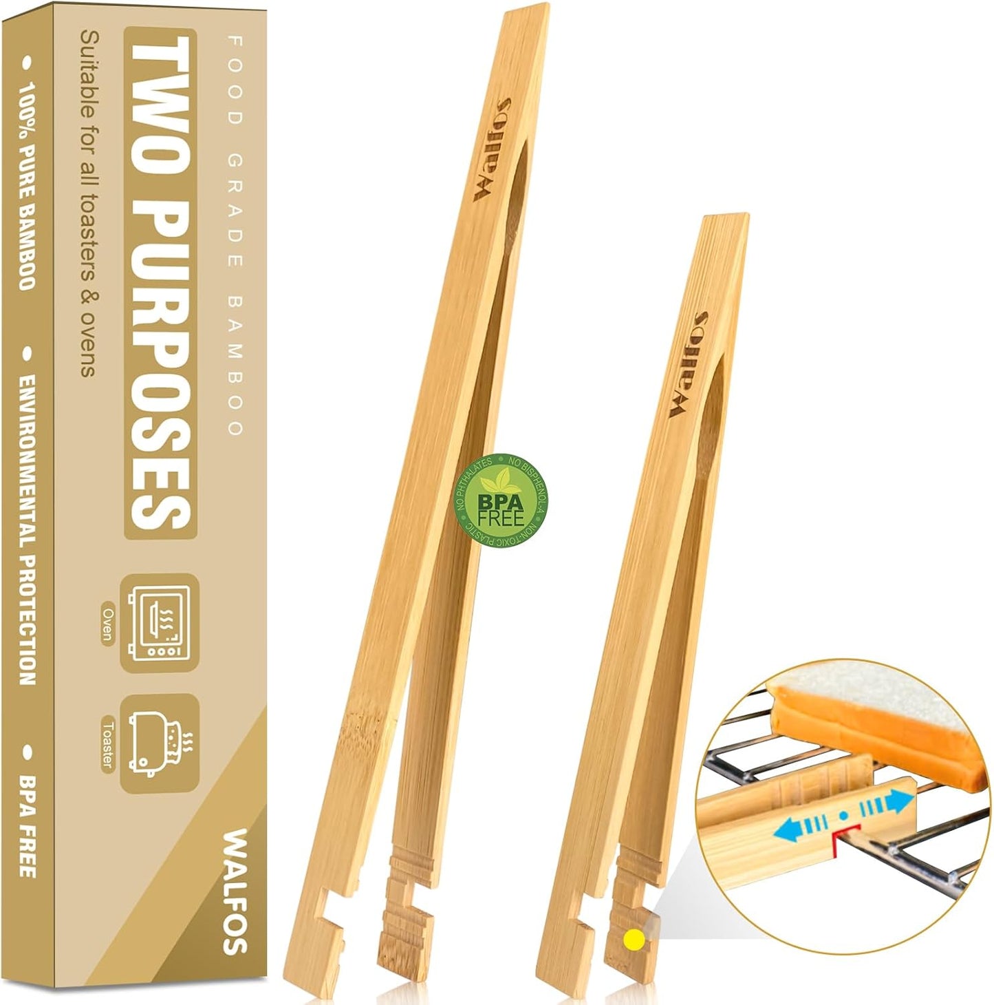 Walfos Bamboo Toaster Tongs - Wood Tongs for Cooking, Ideal for Toaster, Fruits, Bread & Pickles, Set of 2 (8" & 10")