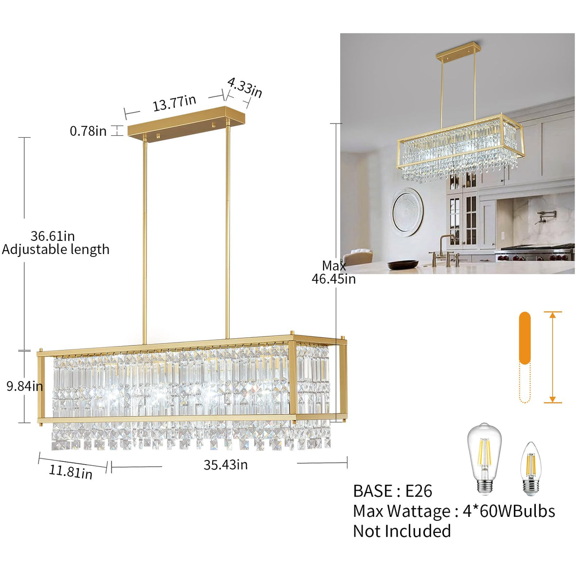 LMQNINE Modern Rectangle Chandelier for Dining Room, Gold Crystal Chandelier Linear Light Fixture, Farmhouse Chandeliers for Kitchen Island, Bar Table, L35.43'' x W11.81'' x H9.84''