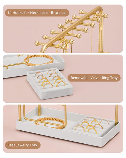 ProCase Jewelry Stand Holder Organizer, Jewelry Display Storage with Ring Tray, Rotating Earring Bracelet Necklace Holder, Valentine's Gifts Room Dorm Decor for Teen Girls -Gold (No-Assembly)