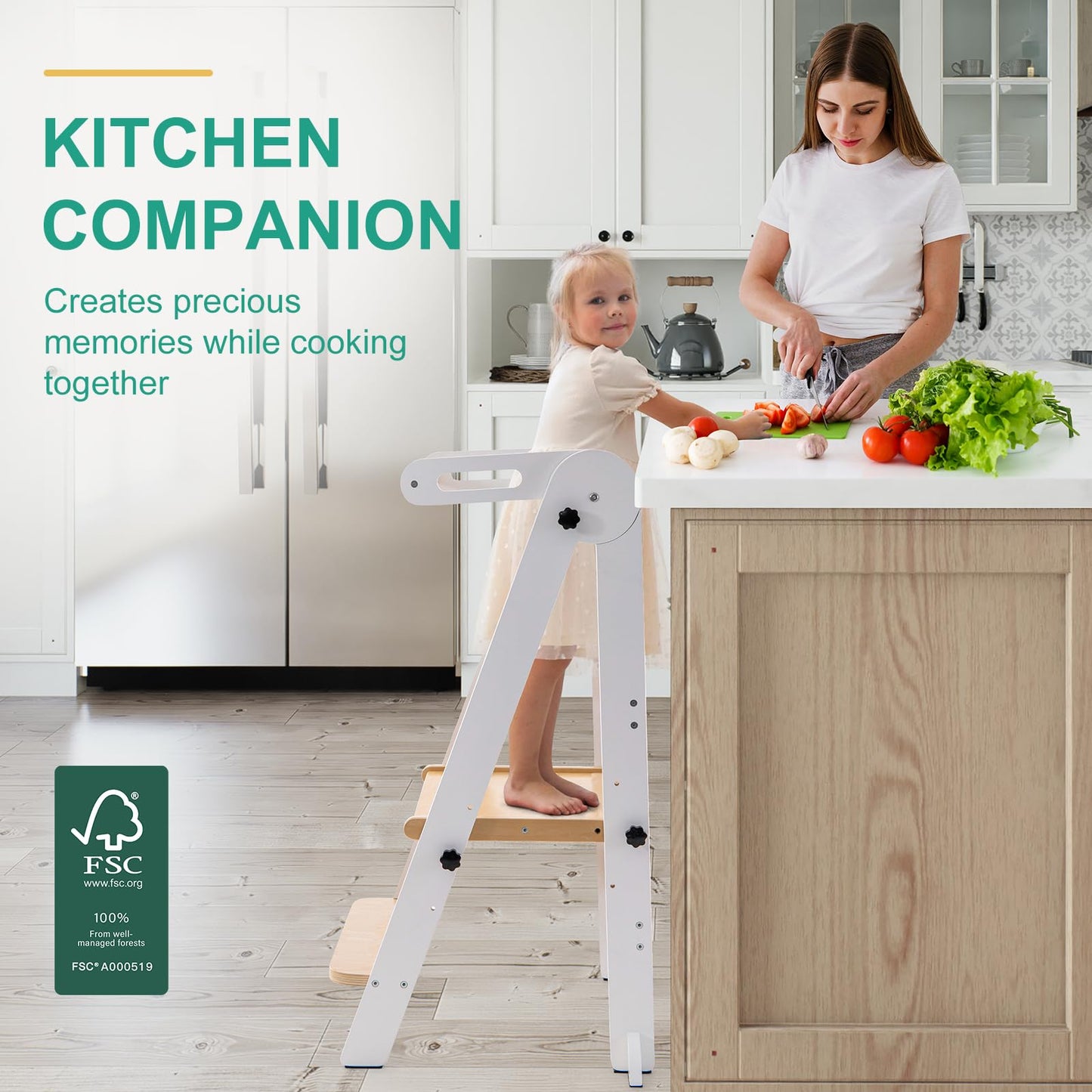 Foldable Toddler Tower, Kitchen Stool Helper, Standing Tower with 3 Adjustable Heights and Non-Slip-Strips, Kitchen Tower for Kids 1.5-6 Years, Montessori Stool for Counter Sink (White)