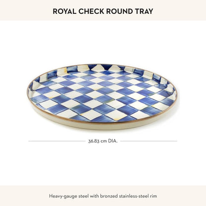 MACKENZIE-CHILDS Enamel Round Tray, Unique Serving Platter for Food and Drinks, Blue-and-White Royal Check