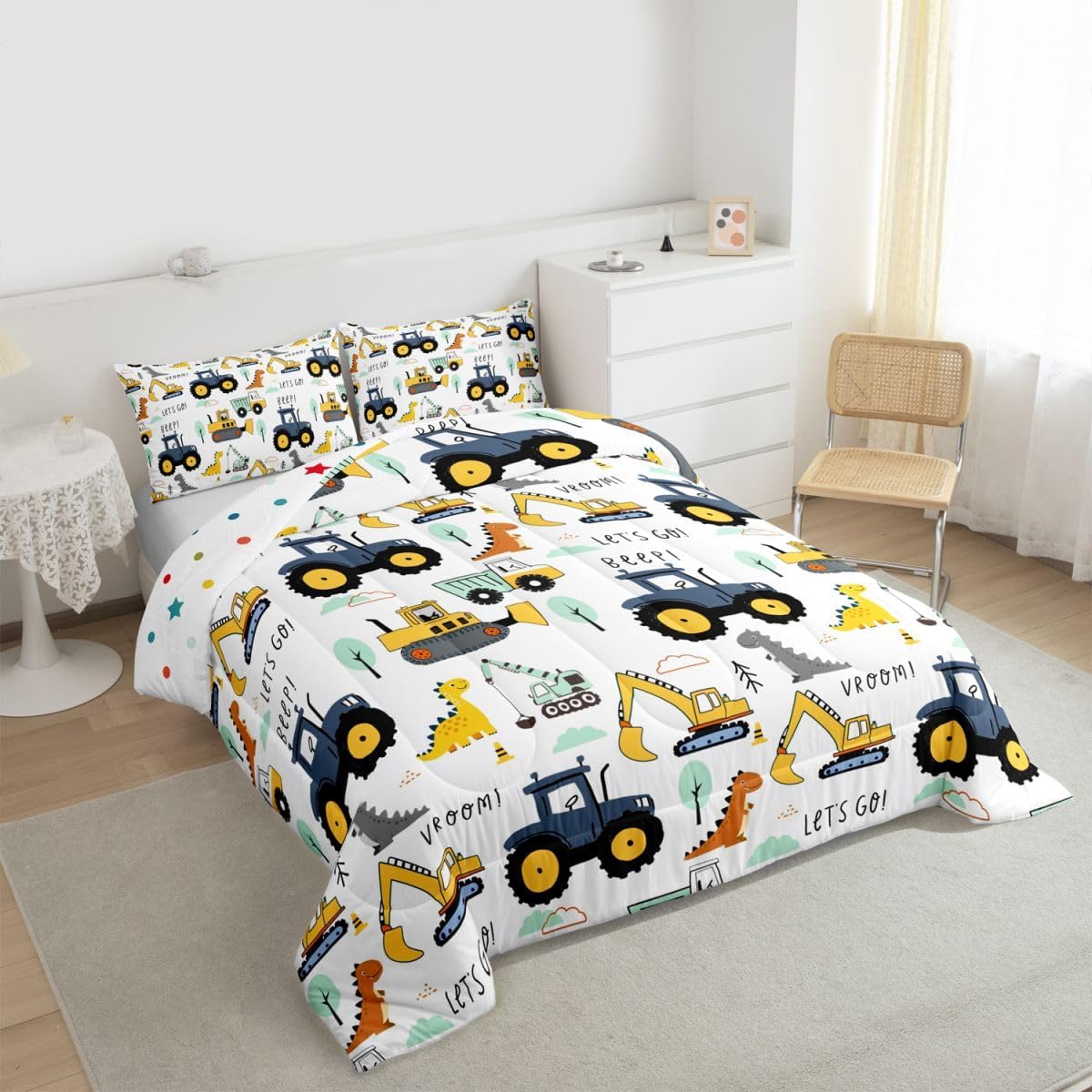 Set Set Kids Excavator Comforter Full, Cartoon Equipment Trucks Bedding for Boys Girls Children, Dinosaur Duvet Insert