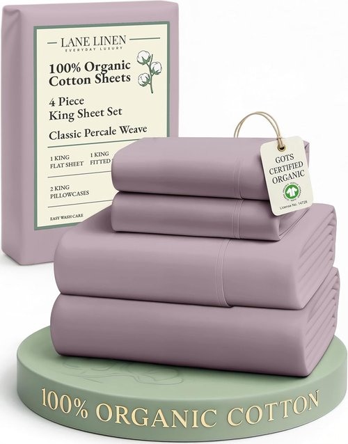 Lane Linen 100% Organic Cotton King Size Bed Sheets - Luxurious Oeko-Tex Certified Percale in Lilac