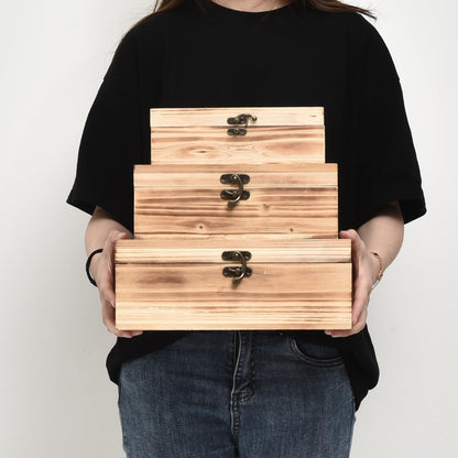 DECOR4SEASON Wooden Box Set of 3 - Rustic Farmhouse Decorative Boxes with Hinged Lid and Carved Design