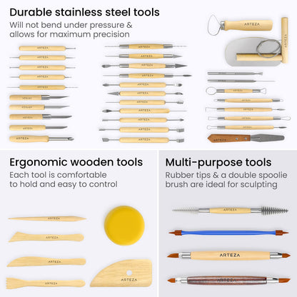 ARTEZA Pottery & Sculpting Tools, 42-Piece Clay Tools Set with Wooden Handles & Steel Tips for Polymer Clay, Ceramics, Carving, Modeling, Shaping & Smoothing