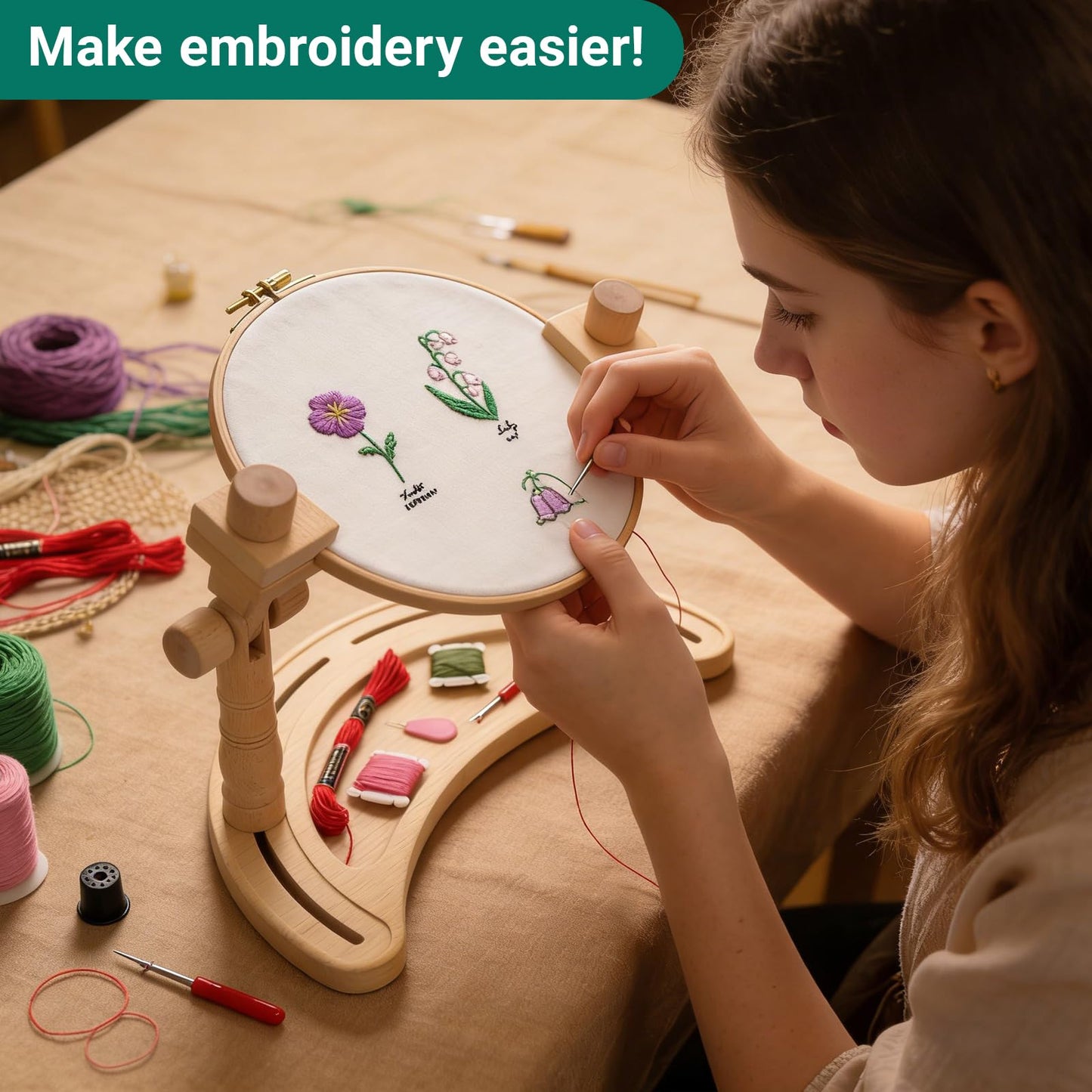 Airo Beech Wood Embroidery Hoop Stand,Rotatable, Tool-Free Installation, for Cross Stitch , Embroidery, Sewing Needlework