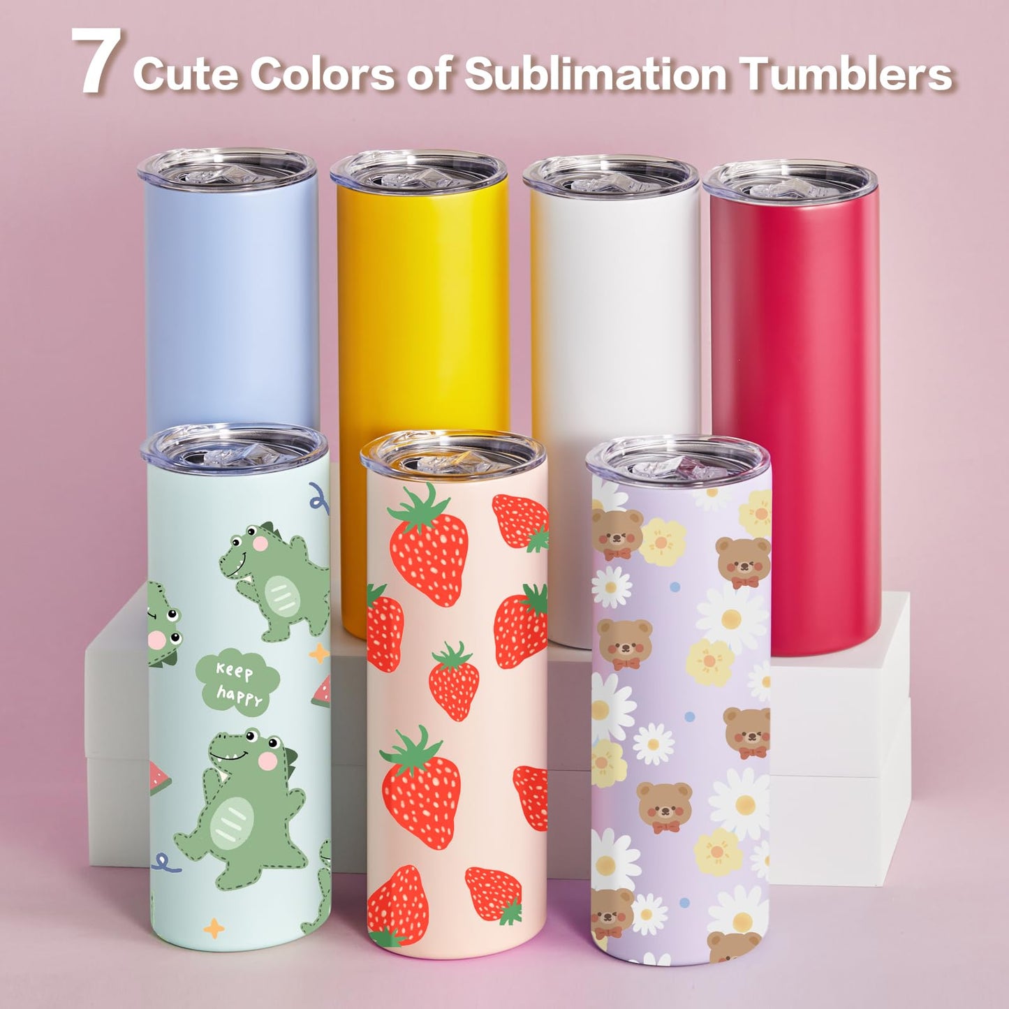 20pcs 20oz Sublimation Tumblers with Lids and Straws, Multi Color Stainless Steel Skinny Tumbler Sublimation Blanks Slim Insulated Cups for Heat Press with Shrink Wrap Water Bottles for Iced Coffee