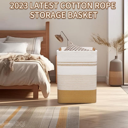 Skiennix Large Laundry Hamper - 85L Cotton Rope Woven Storage Bin with Leather Handles | Versatile for Blankets, Toys, and More