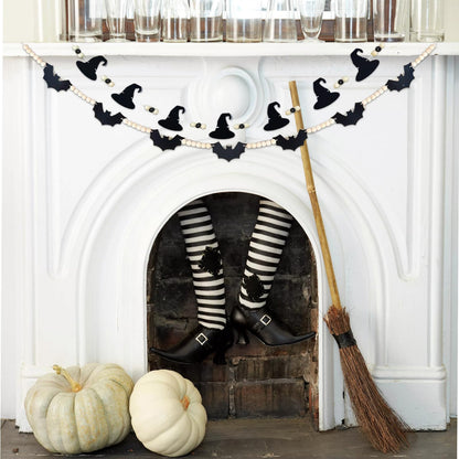 2Pcs Halloween Decoration Garland, Black Bat with Skeleton and Witch Hat Felt Banner White Wood Beads Banner for Halloween Haunted Houses Decor Wall Fireplace Mantle Shelf Rustic Beads, 69"