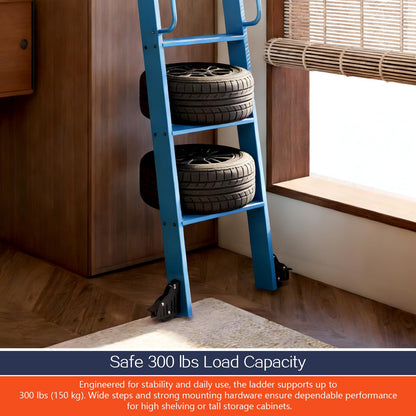DIYHD 96" Sliding Library Ladder with 8 Steps, Telescopic Top Hook, Lightweight Rolling Ladder with Upright Space-Saving Storage, Kit with 4FT Sliding Rail, Bottom Rollers, 300lbs Capacity, Blue