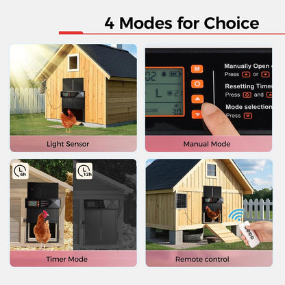 4 7W Automatic Chicken Coop Door Solar Powered, Modes Automatic Chicken Door with Timer & Light Sensor, Solar Charging