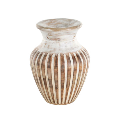 Deco 79 Mango Wood Decorative Vase Distressed Centerpiece Vase with Carved Grooves, Vase for Home Decoration 8" x 8" x 11", Brown