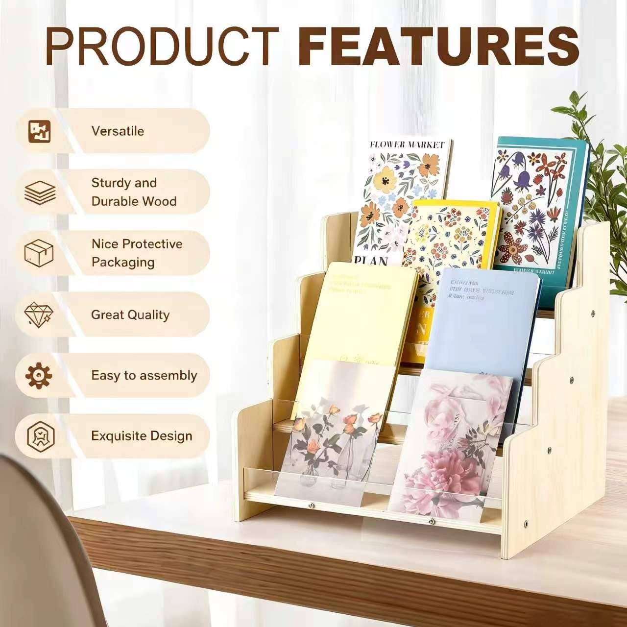 Kesiya Greeting Card Display Stand , Acrylic Sticker Display Holder for Vendors, Counter Retail Display Rack , 4-Tiered Wooden/Acrylic Display stand for postcard /Brochure/Photos/Picture