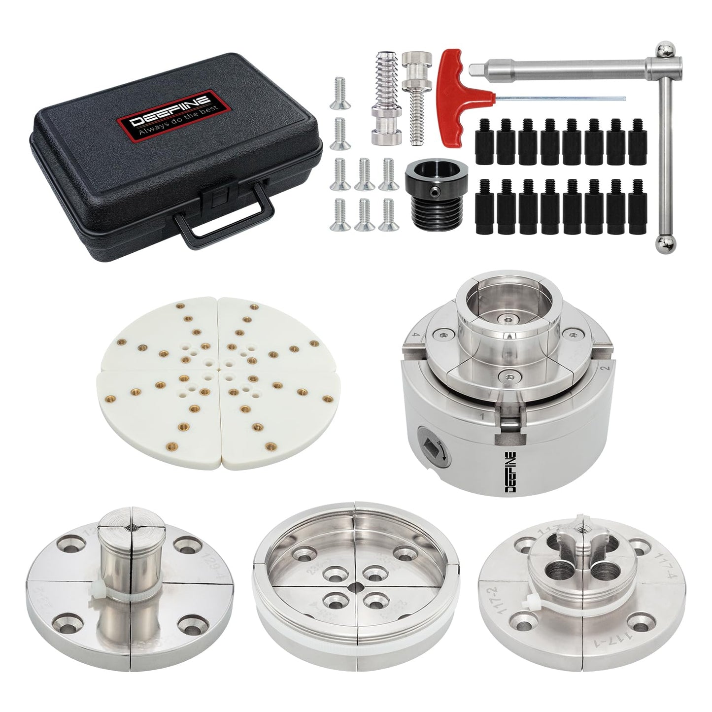DEEFIINE 4 Inch Wood Lathe Chuck Set 1-1/4“x 8tpi Thread and 1"x8tpi Adapter, Nickel Plated Self Centering 4 Jaw Wood Turning Chuck set(5 jaws)…