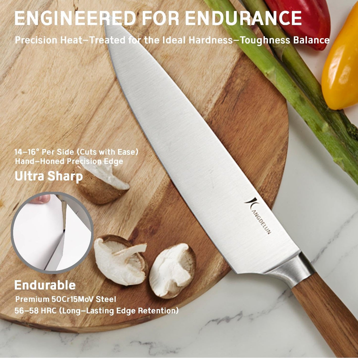 Kangdelun Ultra Sharp 14-Piece Kitchen Knife Set, High Carbon Stainless Steel Blades, Torrefied Brown Wood Handles, Ergonomic Design, Space-Saving Black-Finished Wood Block, Easy Hand Wash, Gift Box