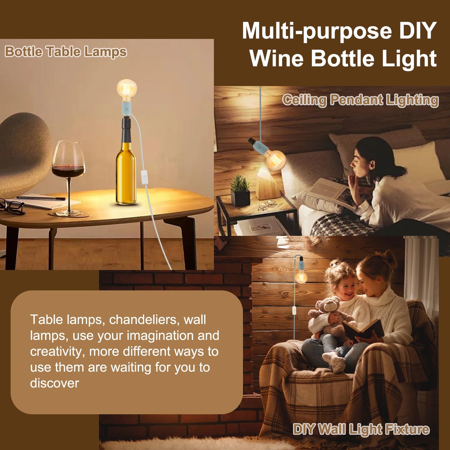 2 Pack Bottle Lamp Kits, 240cm Wine Bottle Table Lamp, DIY Lamp Fittings Kit for Table Lamp with E26/E27 to B22 Converter 3 Sizes of Corks No Drilling (No Bulb)