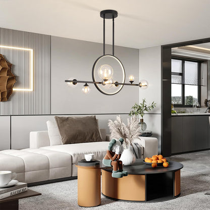 KELUOLY Modern 7 Light Dining Room Chandelier, 37.4" Black Dimmable Mid Century Linear Pendant Lights with Globe Glass Shade, Minimalist Island Light for Dining Room, Office, Kitchen