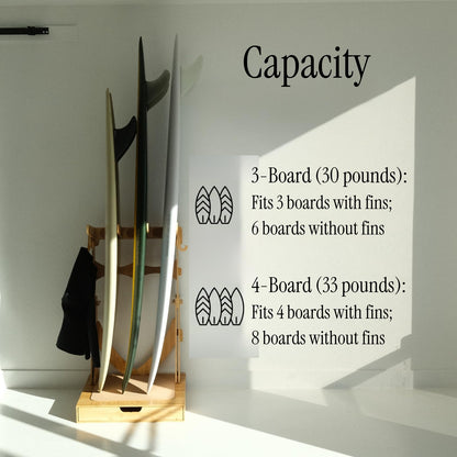 LISS Spirit Rack, Vertical Surfboard Rack Stand Holder for 3 & 4 Boards, Indoor Surf Rack Storage Display for Longboard, Shortboard, Snowboard, Wakeboard, Skateboard Up to 10Ft Long