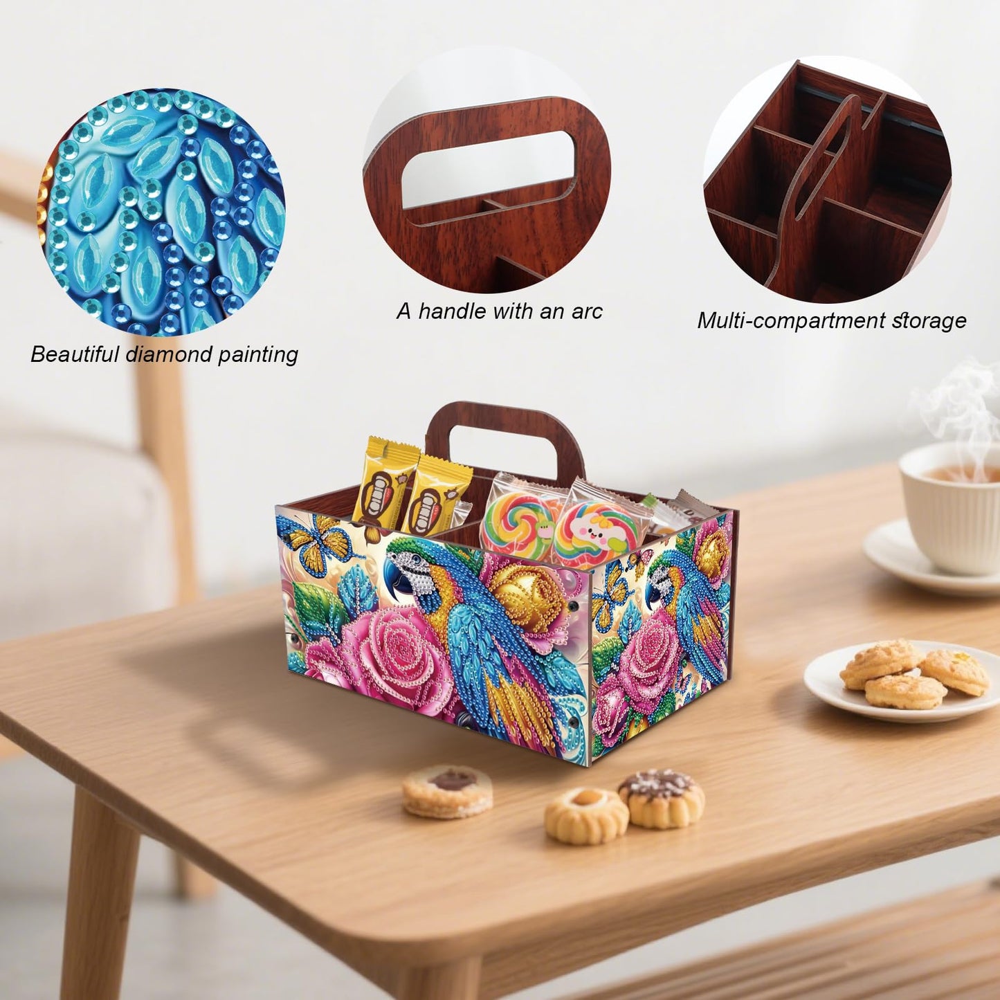 DIY Diamond Painting Storage Box Parrot and Rose Design, Diamond Art Wooden Organizer with Handle and 5 Compartments, Portable Desktop Craft Storage Basket for Art Supplies