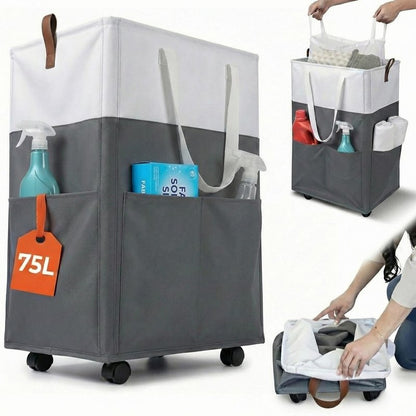 Laundry Basket with Wheels – Foldable, Space-Saving, Fabric Slim Laundry Hamper with Removable Bag and Side Pouches – Lightweight 75L Washing Basket for Clothes, Bedroom, Bathroom, Dorm