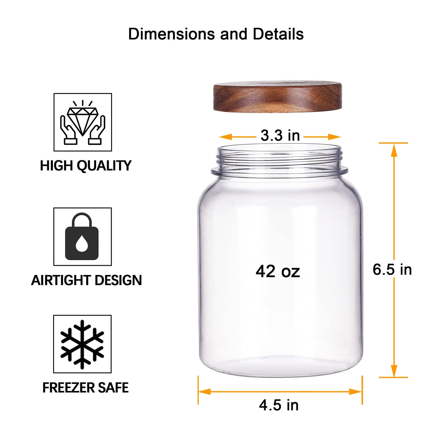 YUEJUM 42 Fluid Ounces Unbreakable & Dishwasher Safe Plastic Apothecary Jar with Wooden Airtight Screw Top Lid, Food Storage Canister for Sugar, Tea, Spices, Coffee, Cookie, Candy Containers